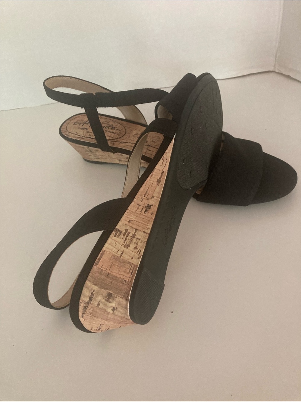 Life Stride Black Slingback Cork Wedge Sandals - Picture 2 of 6
